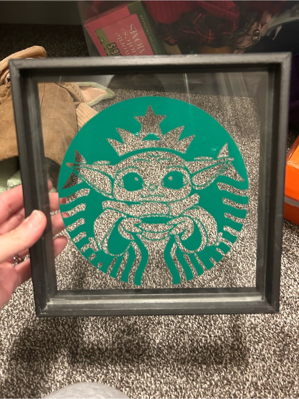 Custom Baby Yoda Starbucks-Inspired Glass Art - Teal & Silver